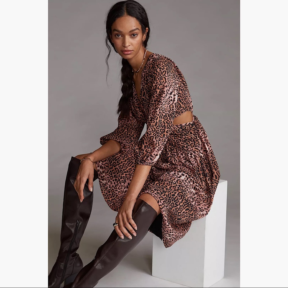 Anthropologie Ranna Gill Cutout Animal Print Brown Midi Dress Size: S